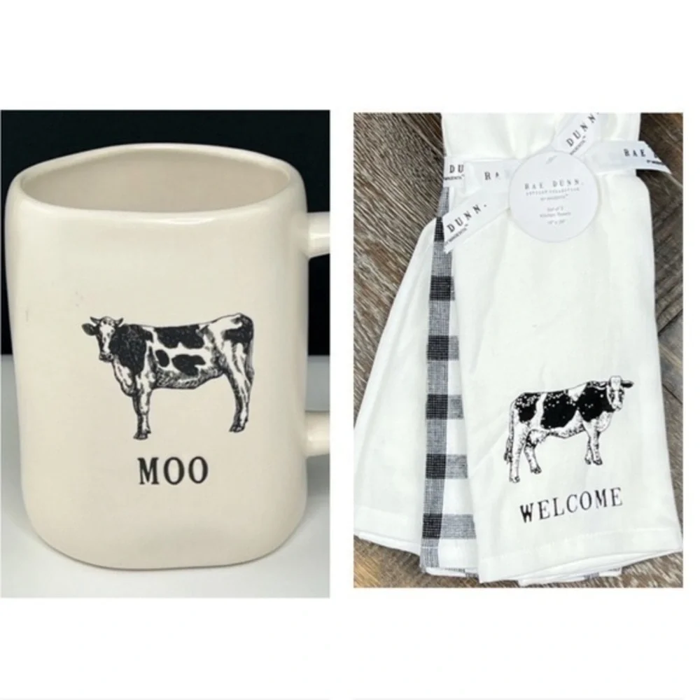 Rae Dunn - ‘Cow 🐄 bundle’ ceramic mug & dish towels (3). NWT Firm!